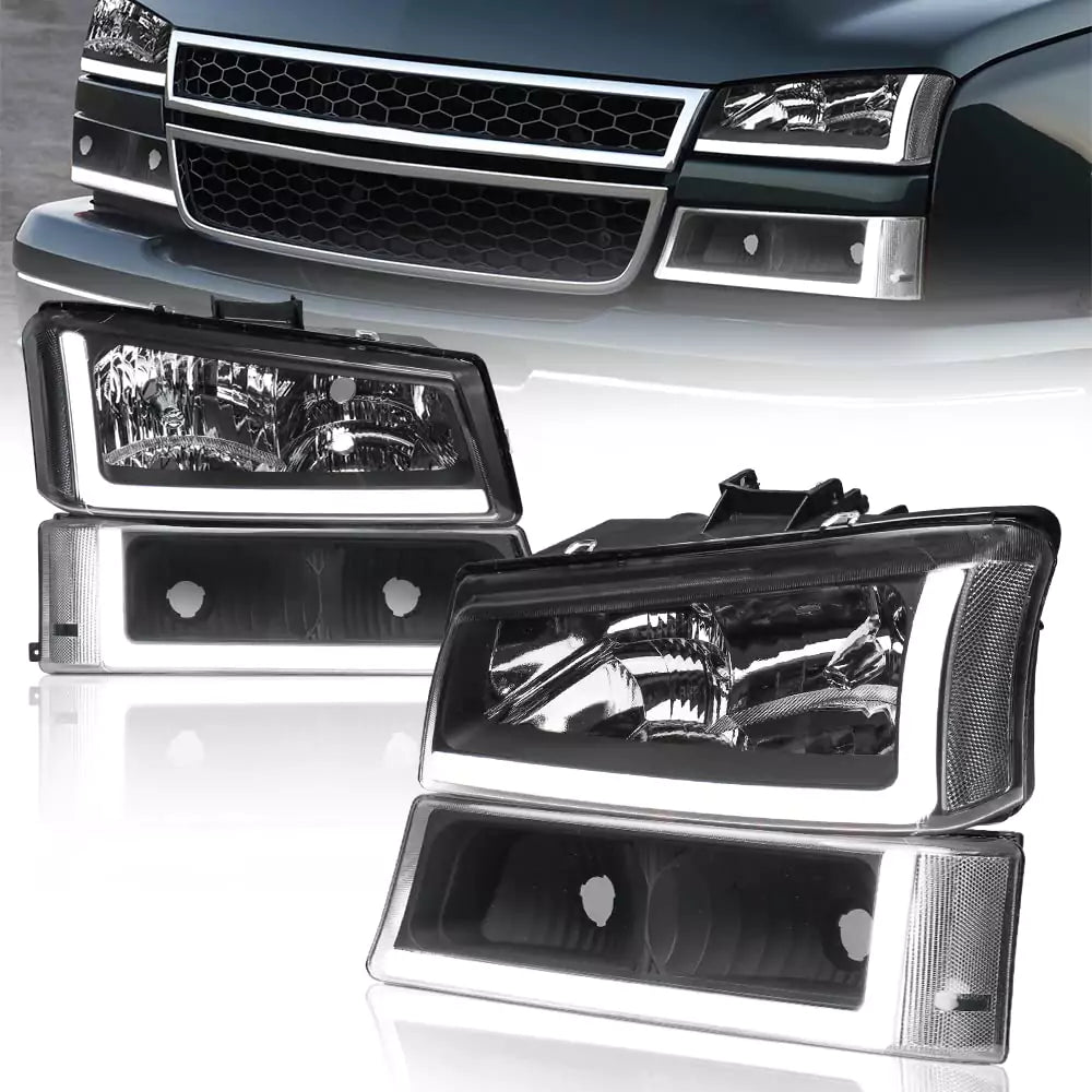 LED DRL Black Headlights + Signals Lamps Assembly Set for 2003-2006 Chevrolet Silverado 1500/2003-2004 Chevrolet Silverado 2500/2003-2006 Chevrolet Silverado 3500（Left+Right）