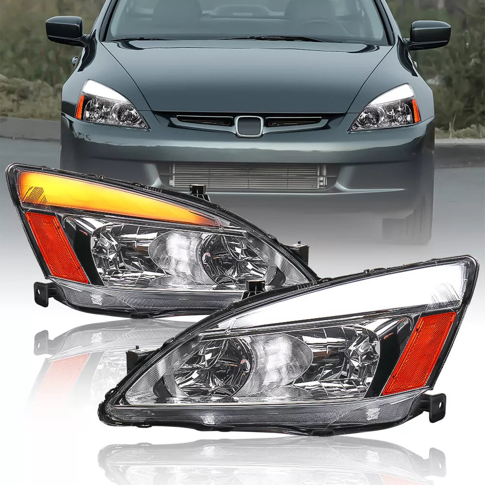 DRL LED Headlights w/ Amber Reflector For 2003-2007 Honda Accord Left+Right