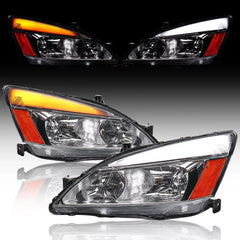 DRL LED Headlights w/ Amber Reflector For 2003-2007 Honda Accord Left+Right