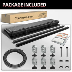 MOSTPLUS 21-24 Ford F150 flush mount quad-fold hard tonneau cover package contents including the cover, side rails, rubber seals, installation hardware, and instruction manual.