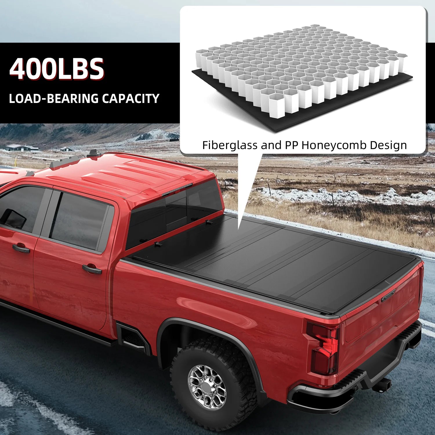 MOSTPLUS 21-24 Ford F150 flush mount quad-fold FRP hard tonneau cover with a 400 lbs load-bearing capacity, featuring a fiberglass and PP honeycomb design