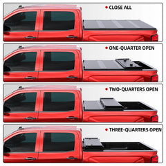 Red 83-11 Ford Ranger pickup truck with MOSTPLUS FRP hard quad-fold tonneau cover shown in four positions: fully closed, one-quarter open, half open, and three-quarters open.