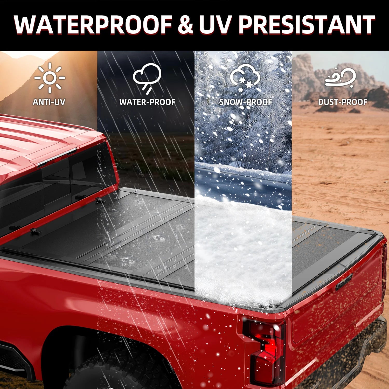 21-24 Ford F150 red pickup truck with a MOSTPLUS flush-mount hard tonneau cover demonstrating performance in rain, snow, desert, and sunlight conditions