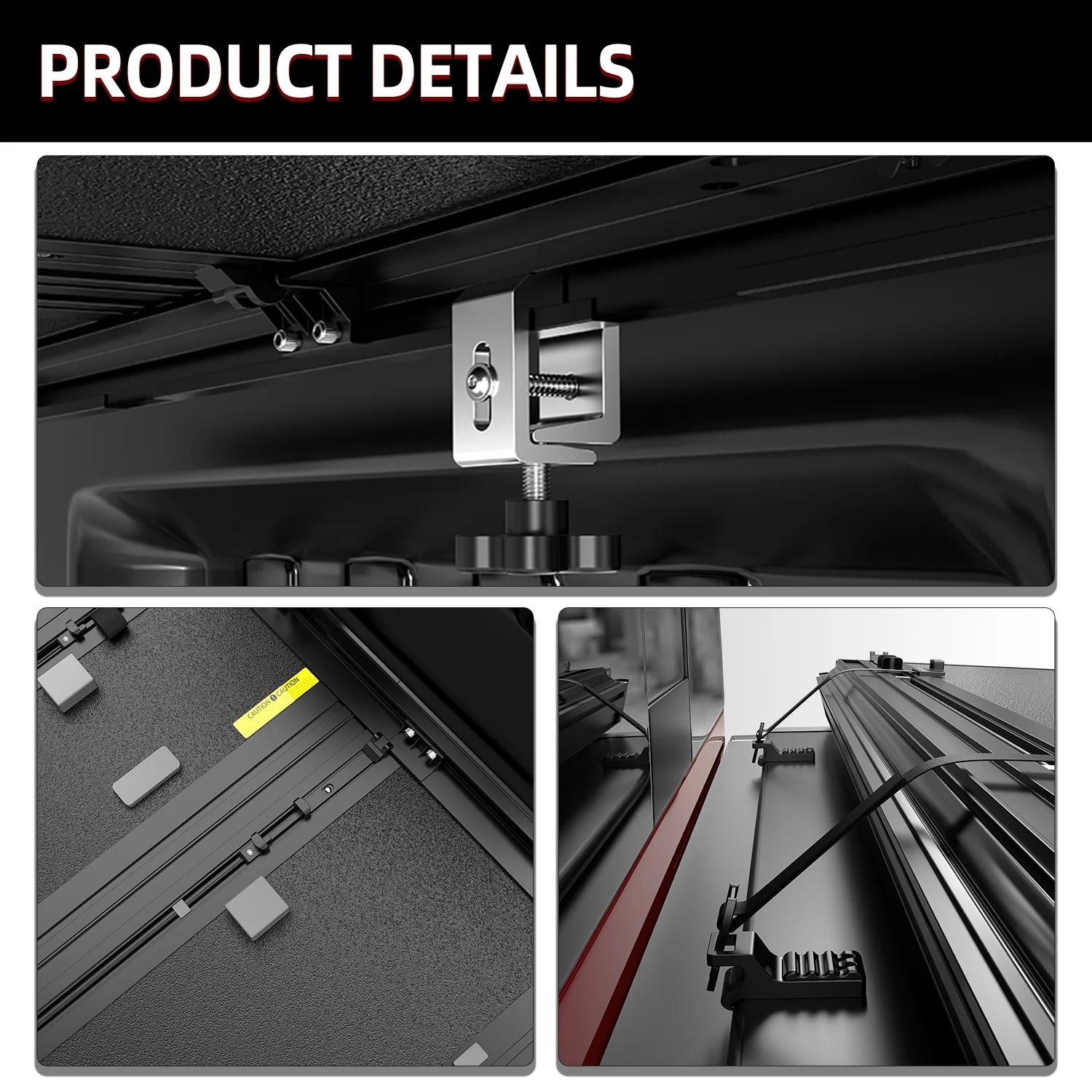 MOSTPLUS 21-24 Ford F150 flush-mount Quad-fold FRP hard tonneau cover details of mounting clamp, locking mechanism, and support straps 