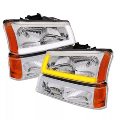 Chrome Housing Headlights w/ Sequential Signal Amber Reflector For 2003-2006 Chevy Avalanche Silverado 1500 2500