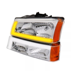 Chrome Housing Headlights w/ Sequential Signal Amber Reflector For 2003-2006 Chevy Avalanche Silverado 1500 2500