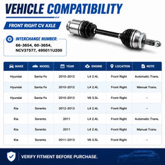 Front Passenger Right CV Axle For 2010-2012 Hyundai Santa Fe 2011-2013 Kia Sorento 495011U200