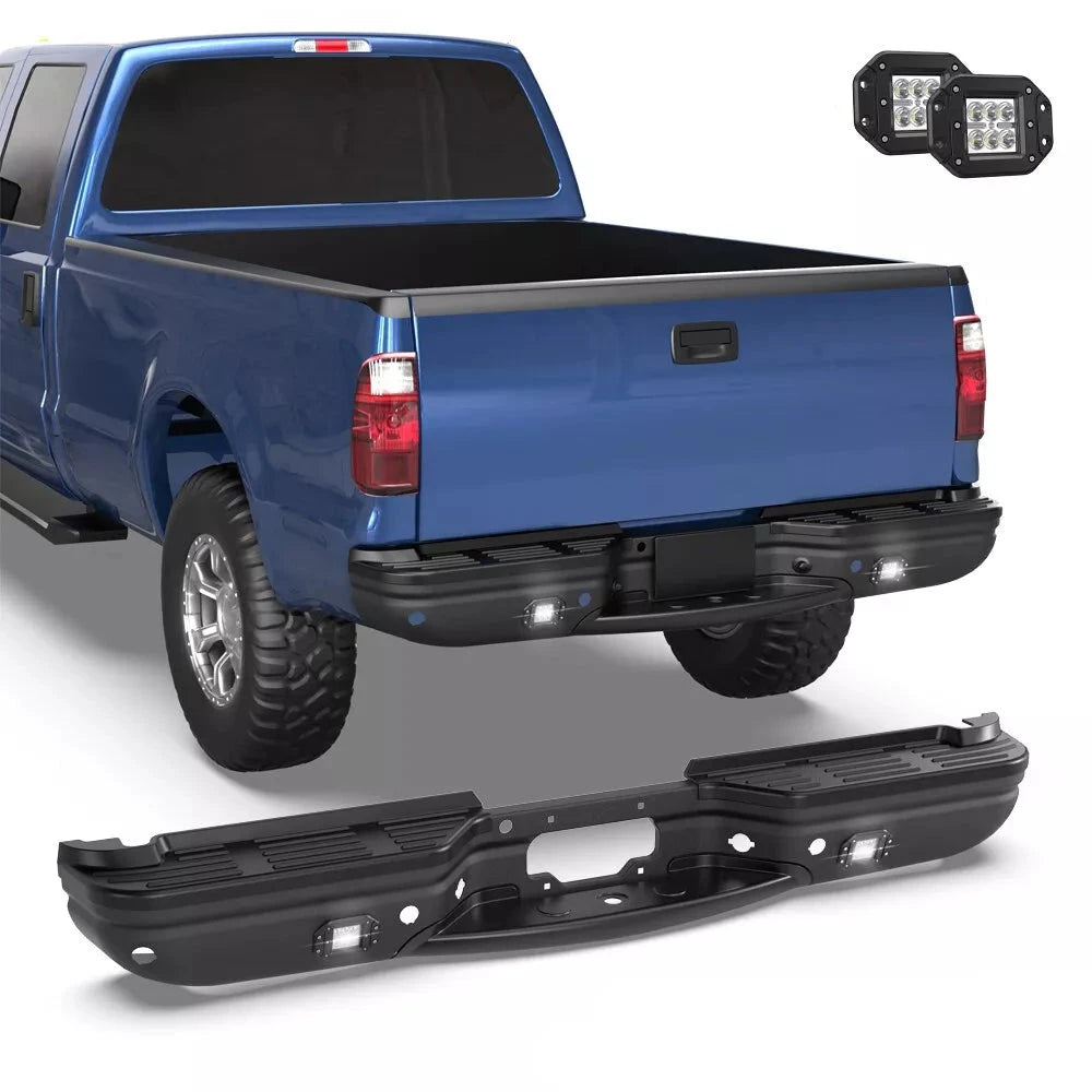 Black Steel Rear Step Bumper w/ LED Light For 1999-2007 Ford F-250 F-350 w/ Park Sensor Holes