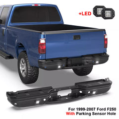 Black Steel Rear Step Bumper w/ LED Light For 1999-2007 Ford F-250 F-350 w/ Park Sensor Holes