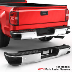 Used Chrome Steel Rear Bumper For 2014-2018 Chevy Silverado GMC Sierra 1500 w/Conner Steps & Parking Sensor Holes