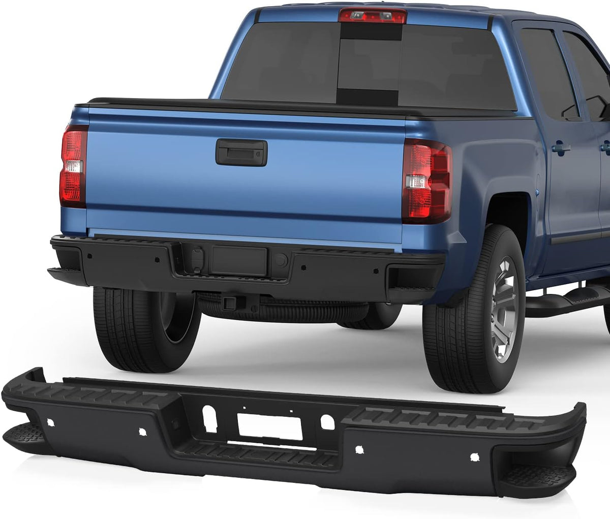 Black Rear Bumper For 2014-2018 Chevy Silverado GMC Sierra 1500 w/ Park Assist Sensor & Corner Step