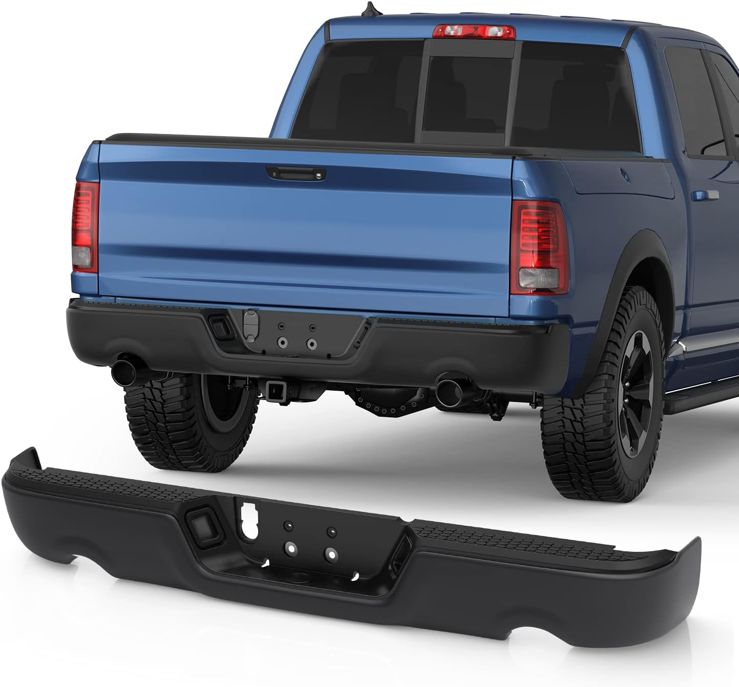 Black Steel Rear Bumper For 2009-2018 Dodge Ram 1500/2010-2018 Ram 2500 3500/2019-2023 Ram 1500 Classic Without Parking Sensor Holes, With Dual Exhaust