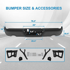 Black Steel Rear Bumper For 2009-2018 Dodge Ram 1500/2010-2018 Ram 2500 3500/2019-2023 Ram 1500 Classic Without Parking Sensor Holes, With Dual Exhaust