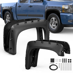 Front & Rear Pocket-Riveted Bolt on Black Wheel Fender Flares For 2007-2013 Chevy Silverado 1500 Short Bed (Set of 4)