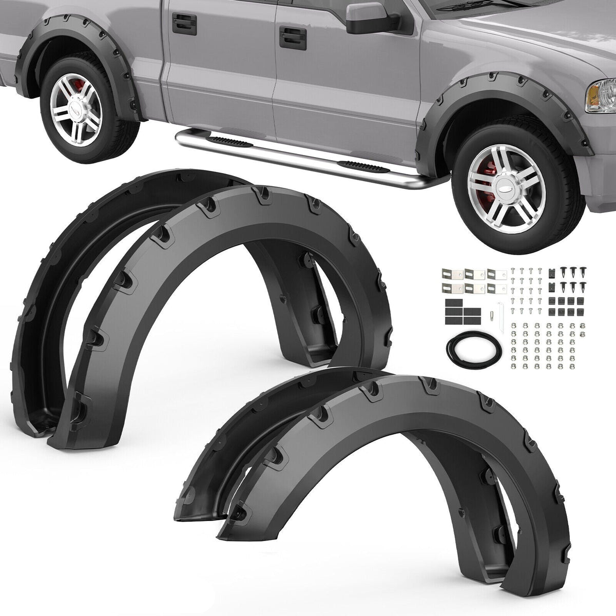 Front & Rear Black Pocket Rivet Style Bolt On Wheel Fender Flares For 2004-2008 F-150 Styleside Pick up (Set of 4)