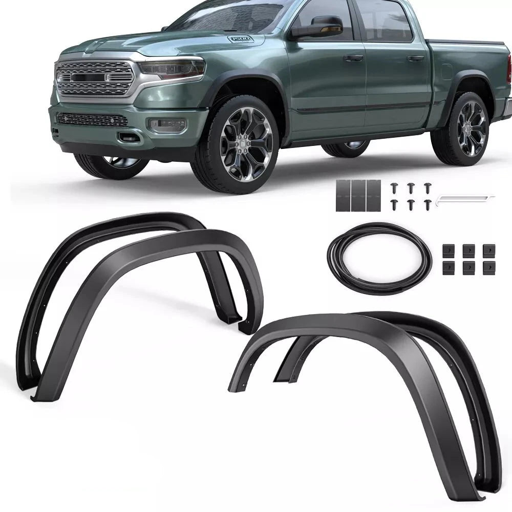 Front & Rear Textured Black Wheel Fender Flares For 2019-2023 Ram 1500 3.0L 3.6L 5.7L OE Factory Style (Set of 4)