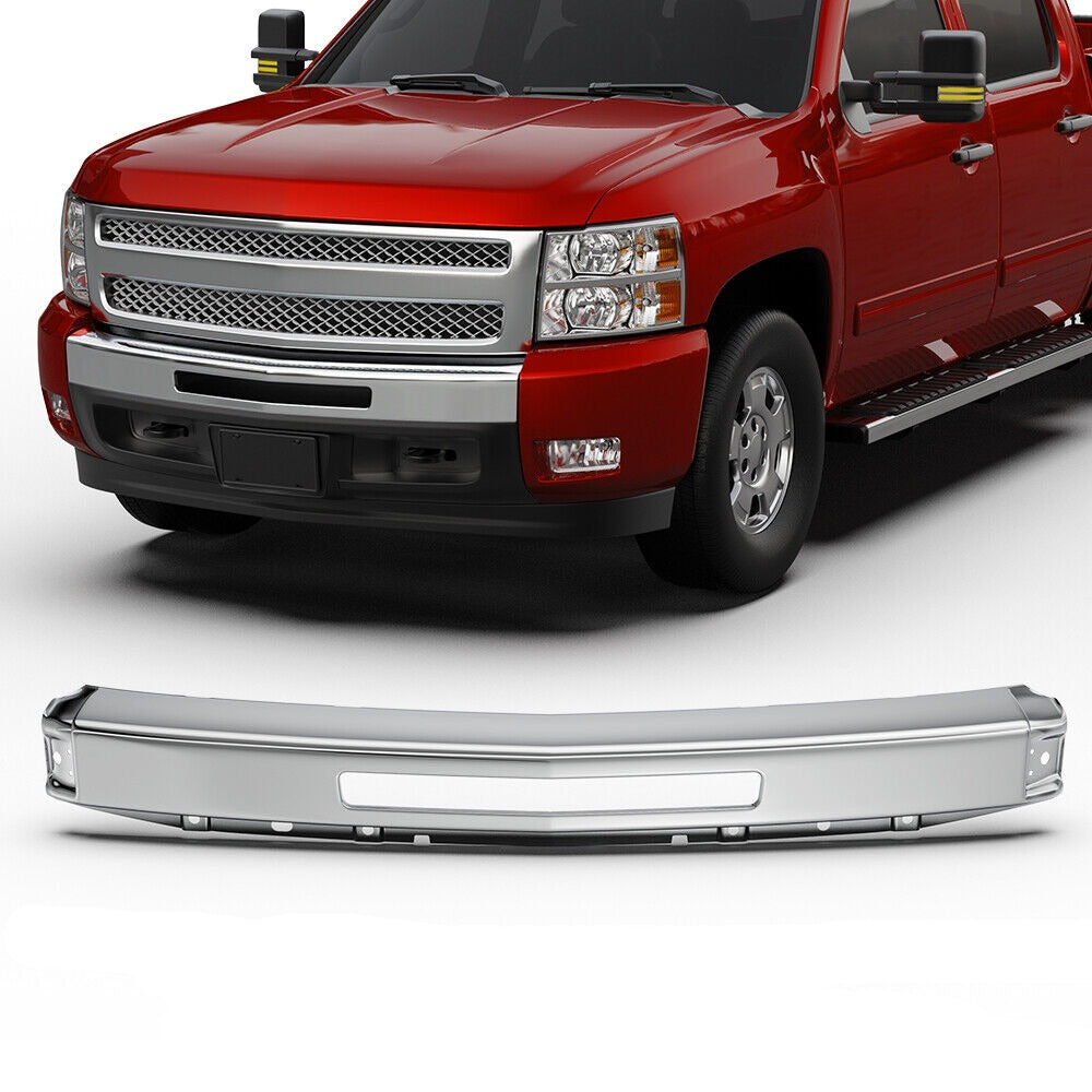 Chrome Steel Front Bumper Face Bar For 2007-2013 Chevy Silverado 1500 2007-2010 2500/3500 w/ Center Air Intake Hole