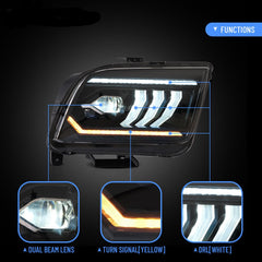 LED Projector Headlights Assembly For 2005-2009 Ford Mustang w/ Dynamic Light