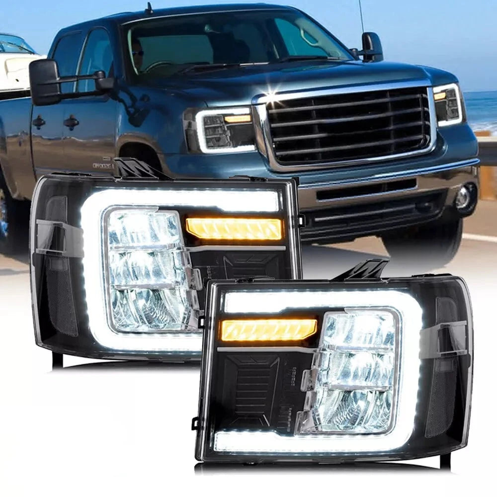 Black Housing Full LED Reflector Headlights w/ Dynamic DRL For 2007-2013 GMC Sierra 1500 SLE 2pcs