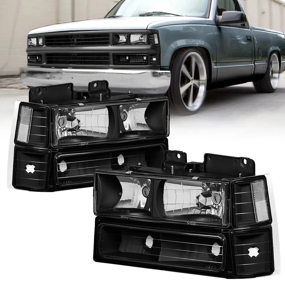 Black Housing Headlight Assembly w/ Bump Lamps For 1994-2000 Chevy C/K 1500 2500 3500