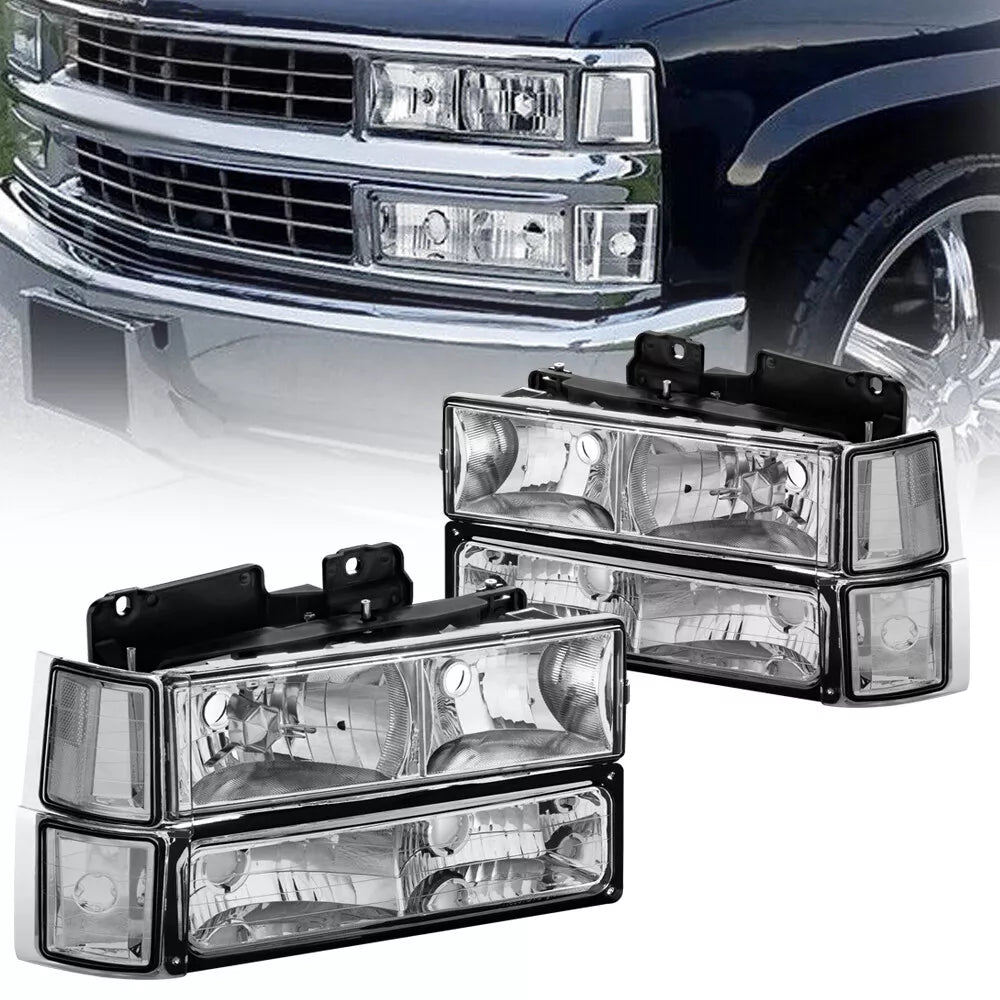 Chrome Housing Headlights Assembly w/ Bumper Light For 1994-2000 Chevy C/K 1500/2500/3500