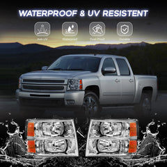 Headlight Assembly For 2007-2013 Chevy Silverado 1500 2500HD 3500HD, OEM Style Front Halogen Headlight Replacement with Chrome Housing Clear Lens Amber Reflector (Set of 2)