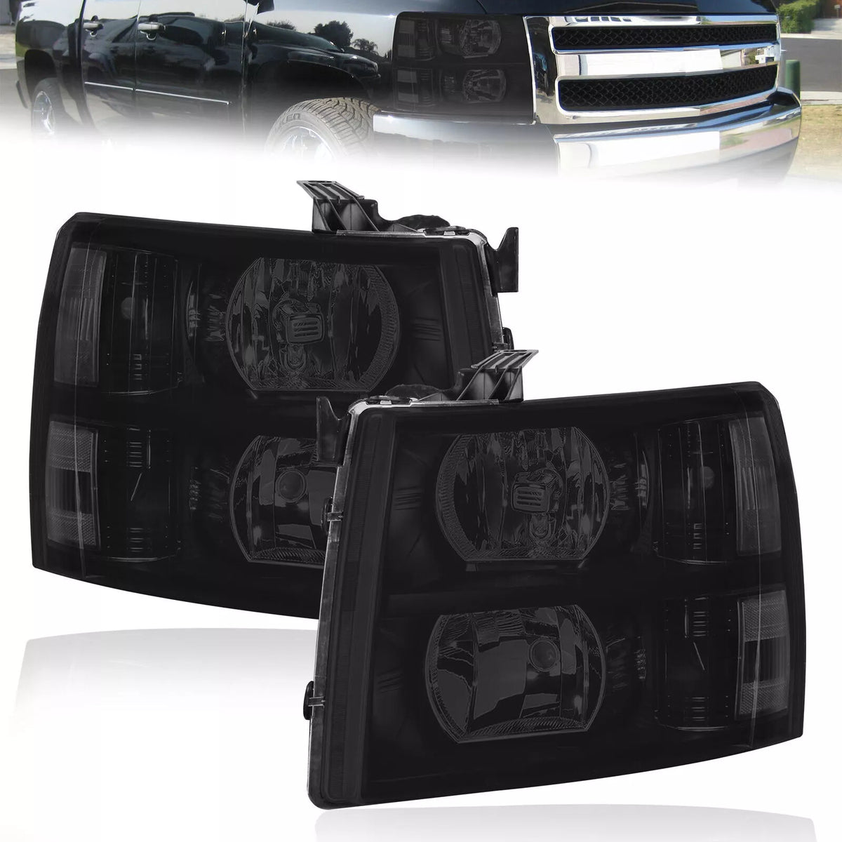 Black Housing OEM Style Headlight Assembly For 2007-2013 Chevy Silverado 1500 2500 3500 with Smoke Lens/Clear Reflector