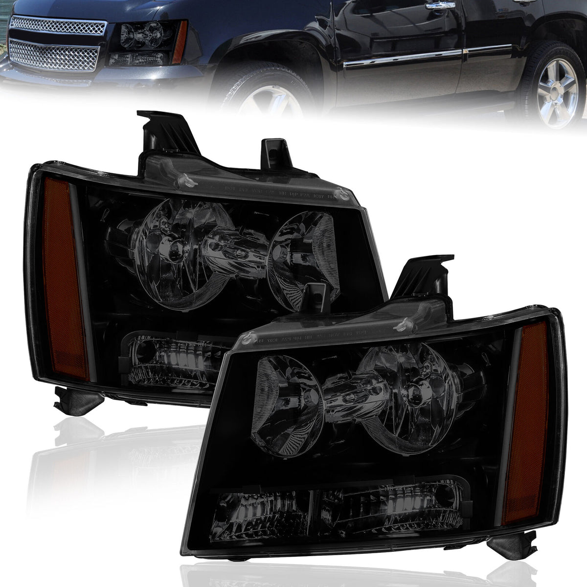 Headlights Assembly For 2007-2014 Chevy Tahoe Avalanche Suburban with Black Housing/Black Lens/Amber Reflector