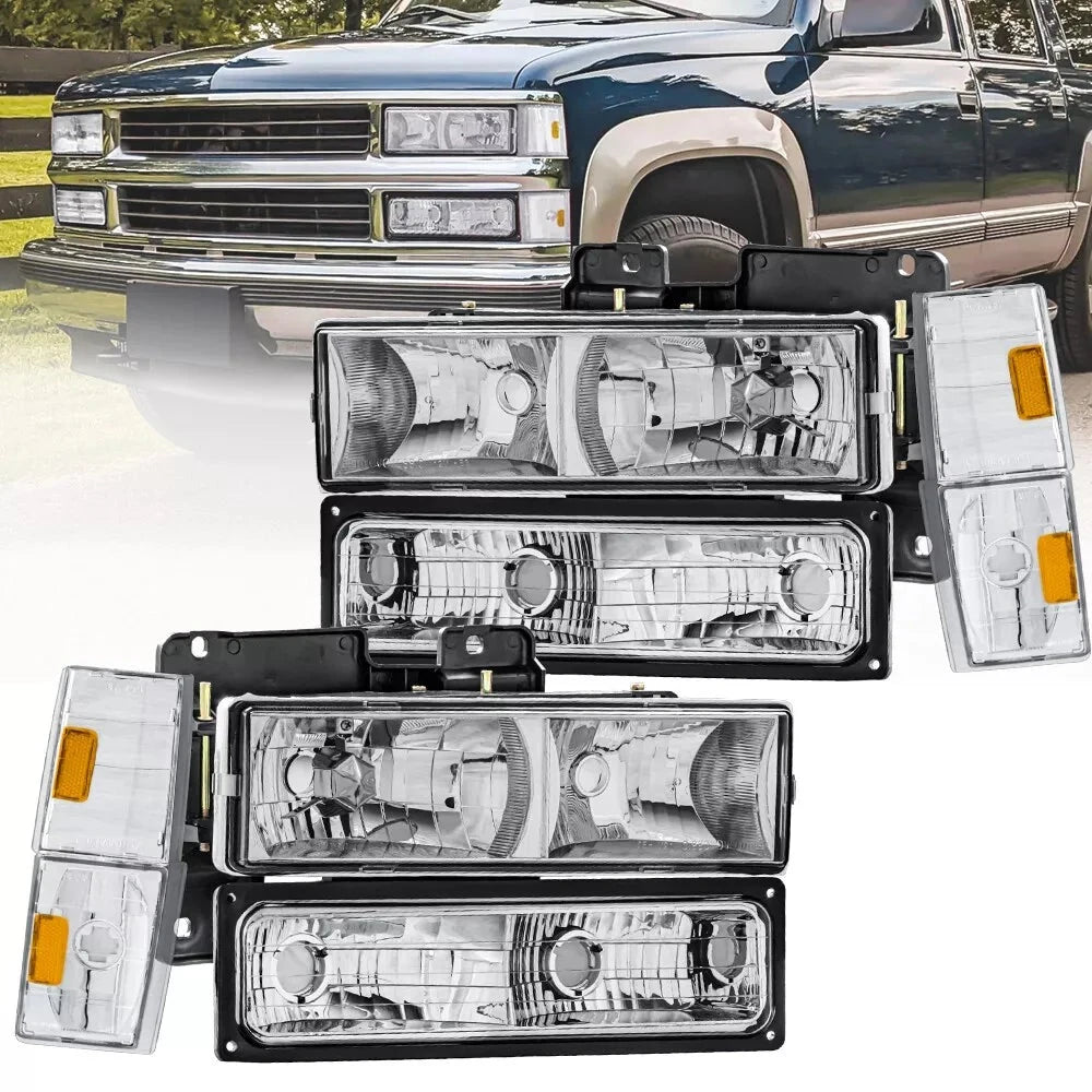 Chrome Headlights w/ Bumper Corner Lights For 1988-1993 Chevy C/K 1500 2500 3500