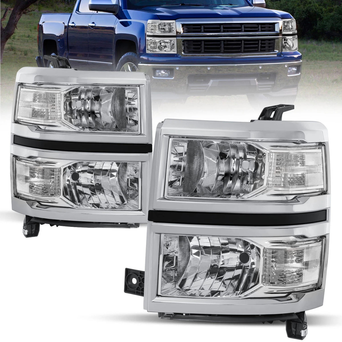 Chrome Headlights Assembly For 2014-2015 Chevy Silverado 1500 LH+RH