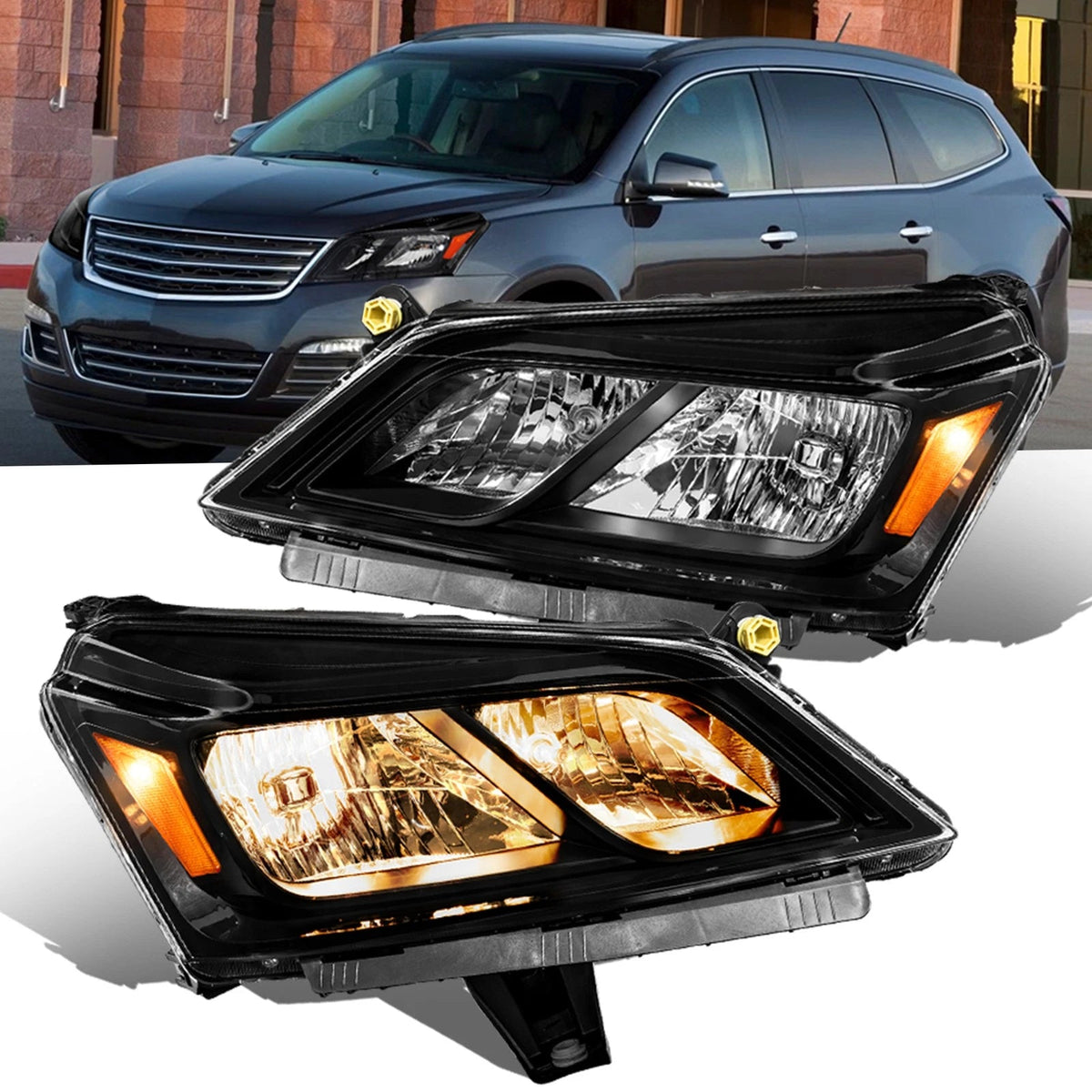 Black Halogen Headlights Assembly Amber Corner Headlamps For 2013-2017 Chevy Traverse LH+RH
