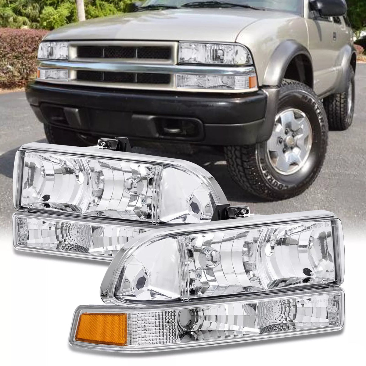 Chrome Headlight Assembly w/ Amber Corner For 1998-2004 Chevy S10 Pickup Blazer Halogen LH+RH