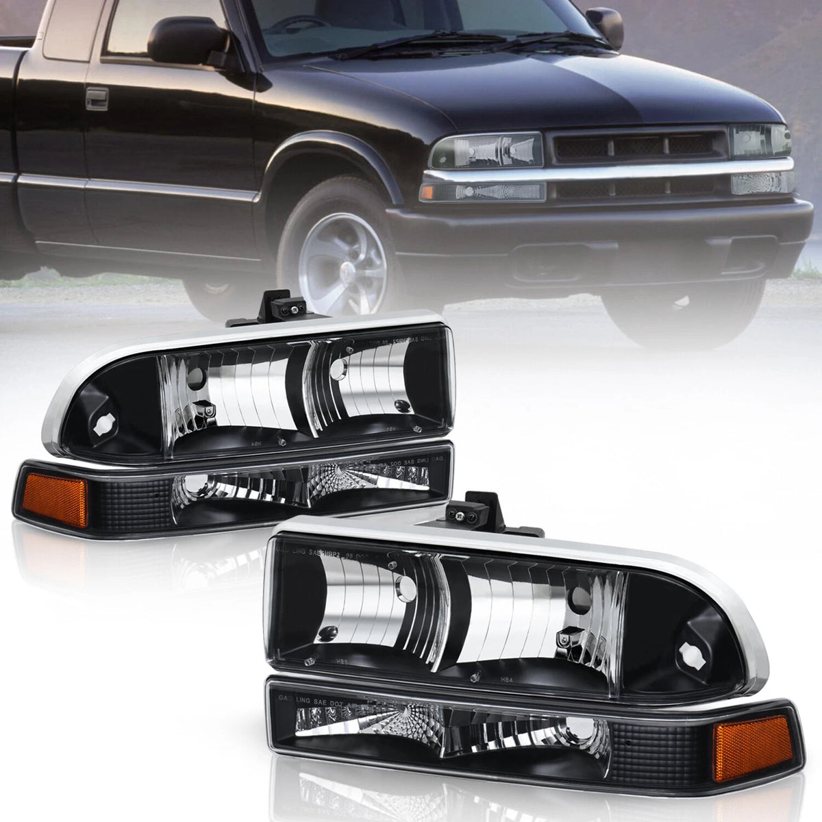 Black Headlights w/ Bumper Lamps Assembly Amber Reflector Headlamps For 1998-2004 Chevy Blazer S10 Pickup LH+RH