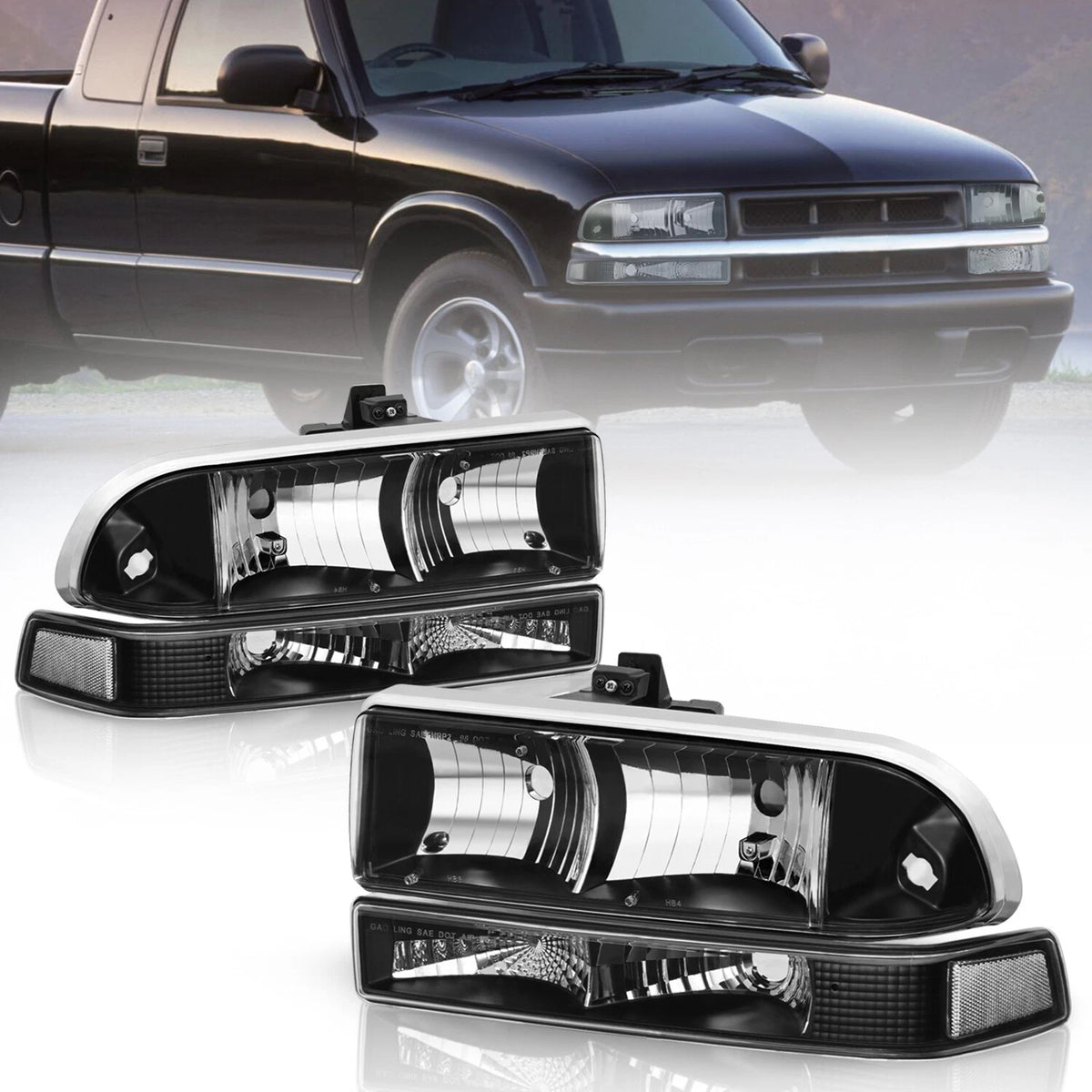 Chrome Headlights w/ Bumper Lamps Assembly Clear Reflector Headlamps For 1998-2004 Chevrolet Blazer S10 Pickup LH+RH