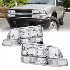 Chrome Headlights Assembly & Bumper Lamps For 1998-2004 Chevy S10 Pickup Blazer LH+RH