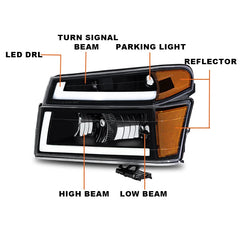 Black LED DRL Headlights Assembly For 2004-2012 Chevy Colorado GMC Canyon Isuzu LH+RH