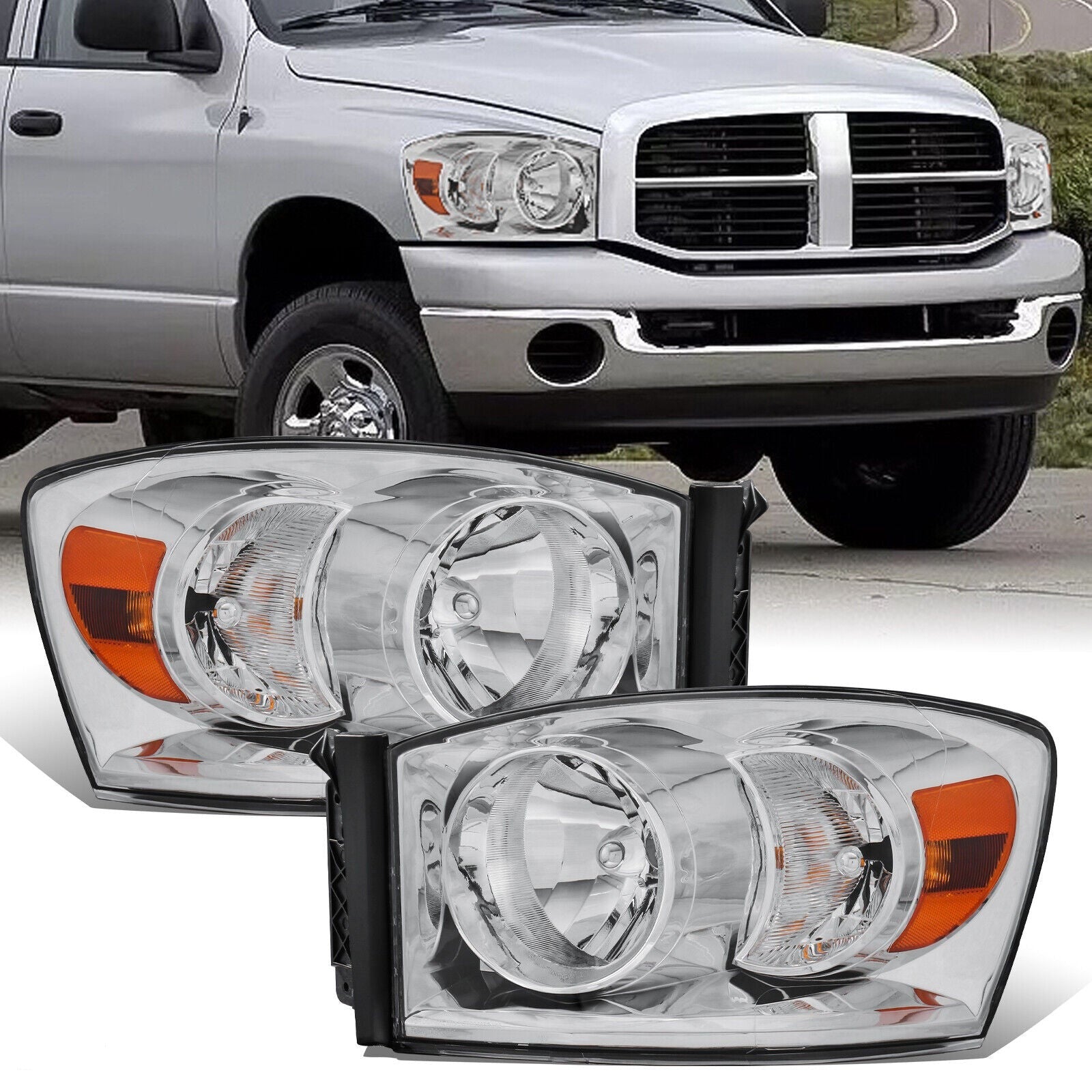 Headlight Assembly Compatible with 2006-2008 Dodge Ram 1500, 2006-2009 Dodge Ram 2500/3500 Replacement Headlamp with Chrome Housing/Clear Lens/Amber Reflector