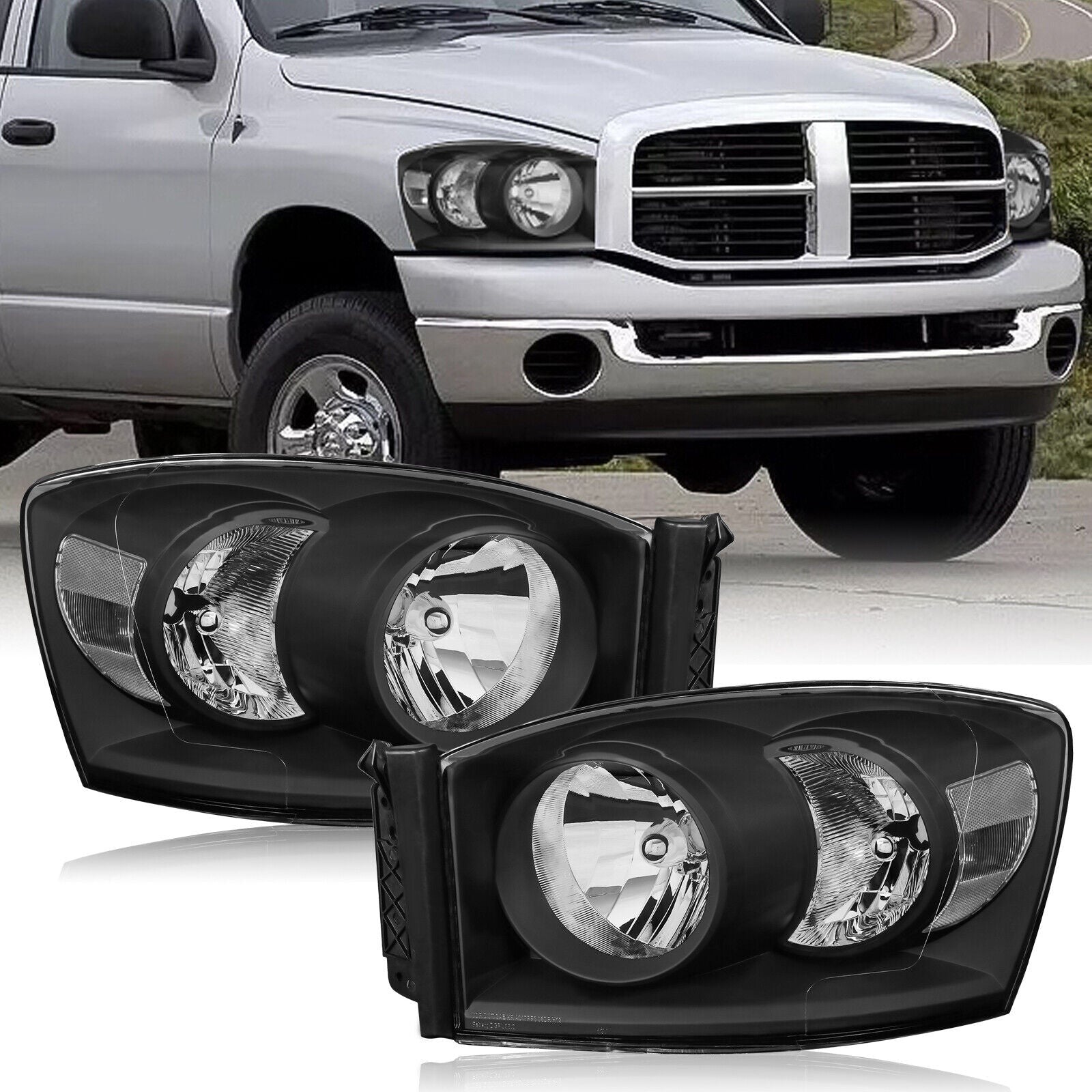Headlight Assembly Compatible with 2006-2008 Dodge Ram 1500, 2006-2009 Dodge Ram 2500/3500 Replacement Headlamp with Black Housing/Clear Lens/Clear Reflector
