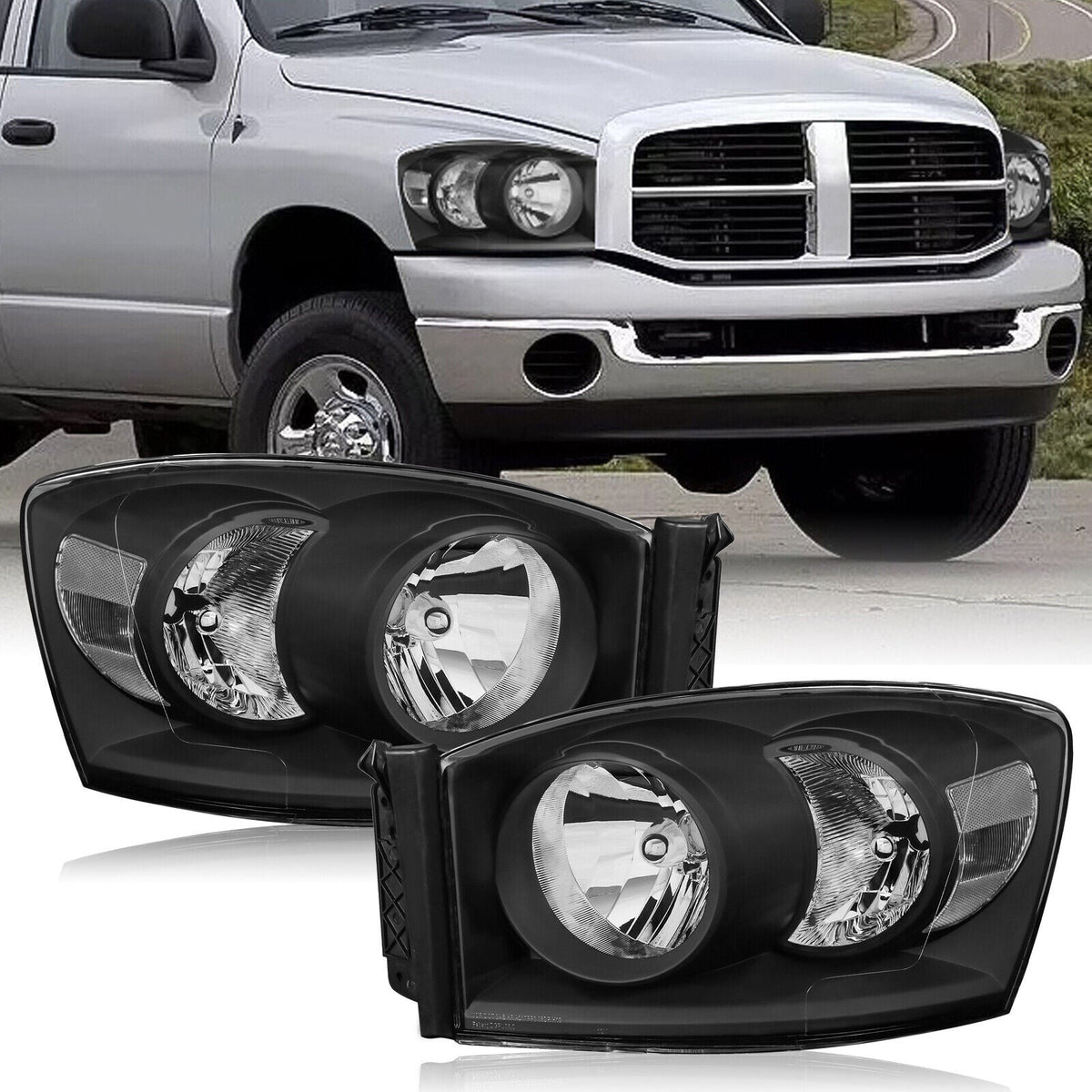 Headlight Assembly Compatible with 2006-2008 Dodge Ram 1500, 2006-2009 Dodge Ram 2500/3500 Replacement Headlamp with Black Housing/Clear Lens/Clear Reflector