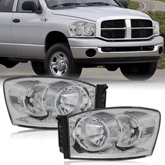 Headlight Assembly Compatible with 2006-2008 Dodge Ram 1500, 2006-2009 Dodge Ram 2500/3500 Replacement Headlamp with Chrome Housing/Clear Lens/Clear Reflector