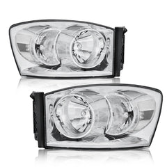 Headlight Assembly Compatible with 2006-2008 Dodge Ram 1500, 2006-2009 Dodge Ram 2500/3500 Replacement Headlamp with Chrome Housing/Clear Lens/Clear Reflector