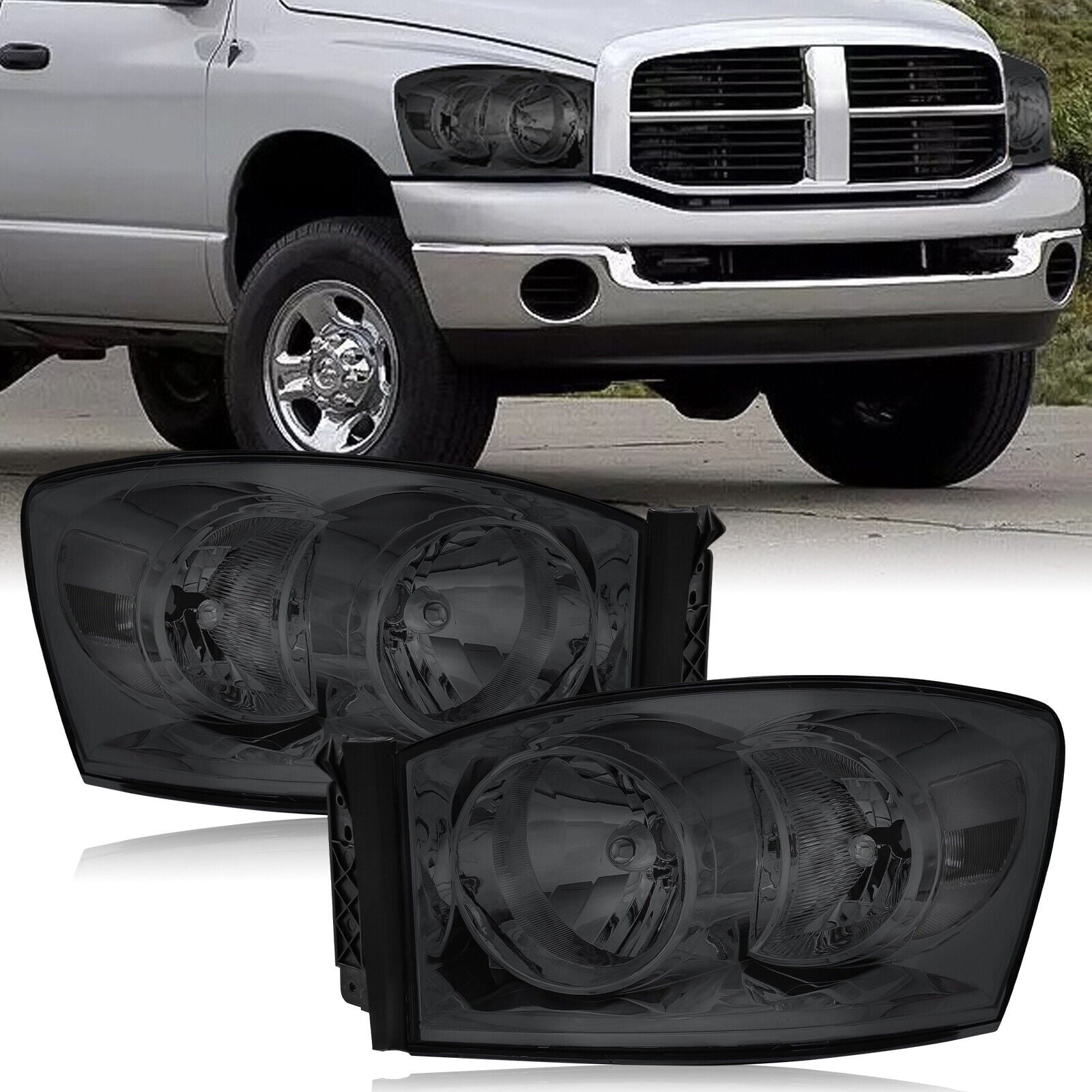 Headlight Assembly Compatible with 2006-2008 Dodge Ram 1500, 2006-2009 Dodge Ram 2500/3500 Replacement Headlamp with Chrome Housing/Smoke Lens/Clear Reflector