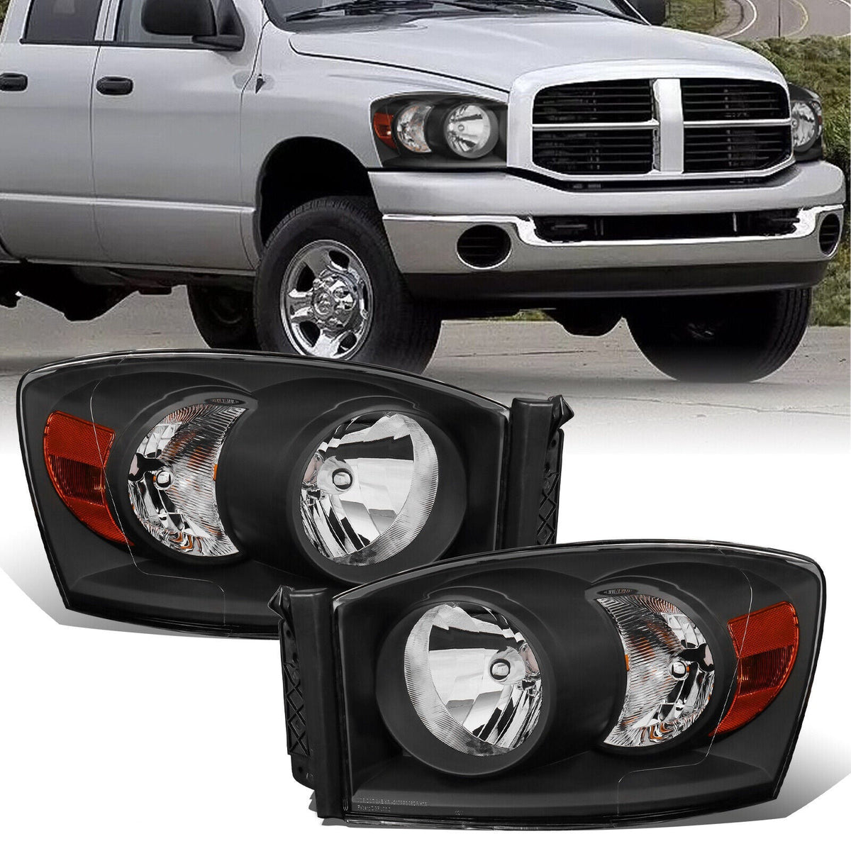 Headlight Assembly Compatible with 2006-2008 Dodge Ram 1500, 2006-2009 Dodge Ram 2500/3500 Replacement Headlamp with Black Housing/Clear Lens/Amber Reflector