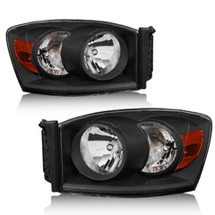 Headlight Assembly Compatible with 2006-2008 Dodge Ram 1500, 2006-2009 Dodge Ram 2500/3500 Replacement Headlamp with Black Housing/Clear Lens/Amber Reflector