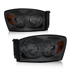 Headlight Assembly Compatible with 2006-2008 Dodge Ram 1500, 2006-2009 Dodge Ram 2500/3500 Replacement Headlamp with Black Housing/Smoke Lens/Amber Reflector