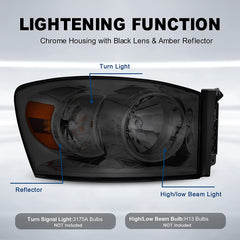 Headlight Assembly Compatible with 2006-2008 Dodge Ram 1500, 2006-2009 Dodge Ram 2500/3500 Replacement Headlamp with Black Housing/Smoke Lens/Amber Reflector