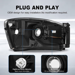 Headlight Assembly Compatible with 2006-2008 Dodge Ram 1500, 2006-2009 Dodge Ram 2500/3500 Replacement Headlamp with Black Housing/Smoke Lens/Amber Reflector