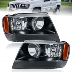 Black Housing Headlights Assembly Amber Corner For 1999-2004 Jeep Grand Cherokee 2pcs