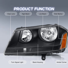 Black Housing Headlight Assembly For 2008-2014 Dodge Avenger w/ Clear Lens Amber Reflector LH+RH