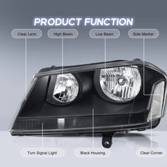 Black Housing Headlights Assembly For 2008-2014 Dodge Avenger R/T SE SXT w/ Clear Lens Clear Corner LH+RH
